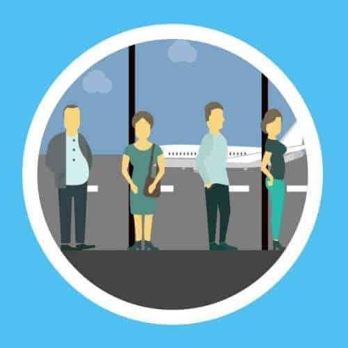 Graphic of people waiting in line at an airport.